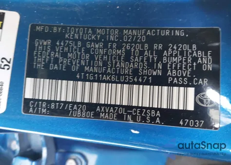2020 Toyota Camry Se from USA, damaged, VIN 4T1G11AK6LU354471